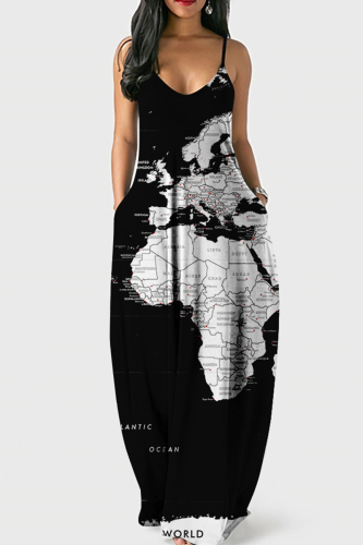 Black White Sexy Graphic Print Floor Length Backless Sleeveless African Style Loose Cami Maxi Dress