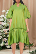 Light Green Fashion Casual Split Joint V Neck Pleated Dresses