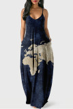 Blue Sexy Graphic Print Floor Length Backless Sleeveless African Style Loose Cami Maxi Dress