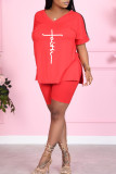 Rose Red Fashion Casual Print Slit V Neck Short Sleeve Two Pieces