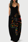 Black Gray Sexy Graphic Print Floor Length Backless Sleeveless African Style Loose Cami Maxi Dress
