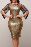 Gold Casual Solid Make Old Patchwork See-through O Neck One Step Skirt Dresses