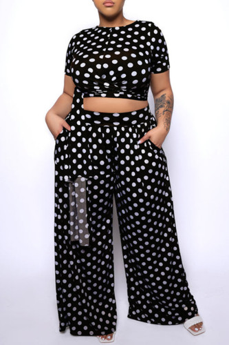 Black Fashion Casual Dot Print Bandage O Neck Plus Size Two Pieces