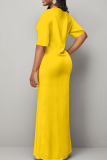 Yellow Casual Print Patchwork Slit V Neck Straight Dresses