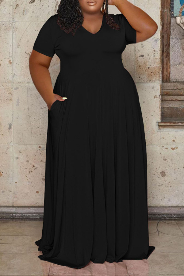 Black Casual Solid Patchwork V Neck Straight Plus Size Dresses
