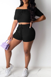 Black Fashion Casual Solid Basic Off the Shoulder Short Sleeve Two Pieces