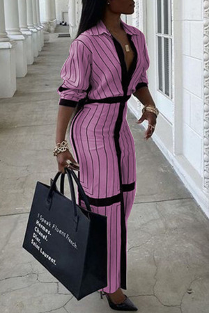 Pink Casual Striped Print Split Joint Buckle Turndown Collar Shirt Dress Dresses