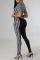 Black Brown Fashion Casual Print Patchwork Zipper Collar Short Sleeve Two Pieces