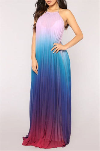 Blue Fashion Casual Gradual Change Print Backless Halter Sleeveless Dress