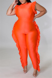 Orange Fashion Casual Solid Patchwork Turtleneck Plus Size Jumpsuits