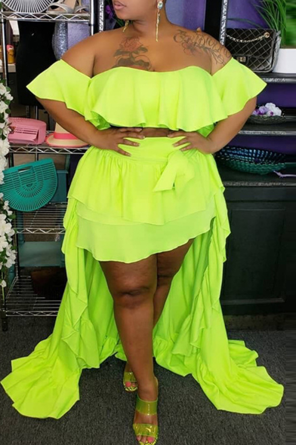 Green Yellow Sexy Casual Solid Patchwork Backless Off the Shoulder Plus Size Two Pieces