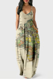 Light Khaki Sexy Graphic Print Floor Length Backless Sleeveless African Style Loose Cami Maxi Dress
