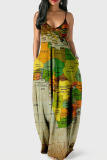 Black Gray Sexy Graphic Print Floor Length Backless Sleeveless African Style Loose Cami Maxi Dress