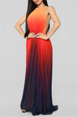 Red Fashion Casual Gradual Change Print Backless Halter Sleeveless Dress