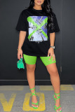 Green Casual Street Print Patchwork O Neck Short Sleeve Two Pieces
