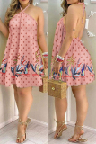 Pink Fashion Casual Print Bandage Backless Halter Sleeveless Dress