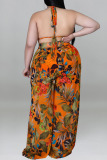 Green Sexy Print Bandage Backless Halter Plus Size Three Pieces