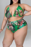 Green Sexy Print Bandage Backless Halter Plus Size Three Pieces