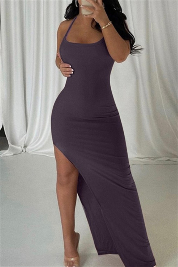 Purple Sexy Casual Solid Backless Slit Spaghetti Strap Long Dress