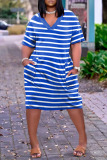 Yellow Fashion Casual Striped Print Patchwork V Neck Short Sleeve Dress Dresses