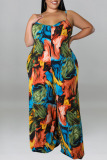 Blue Sexy Casual Print Patchwork Spaghetti Strap Plus Size Jumpsuits