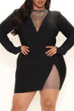 Black Fashion Casual Patchwork Backless Half A Turtleneck Long Sleeve Plus Size Dresses