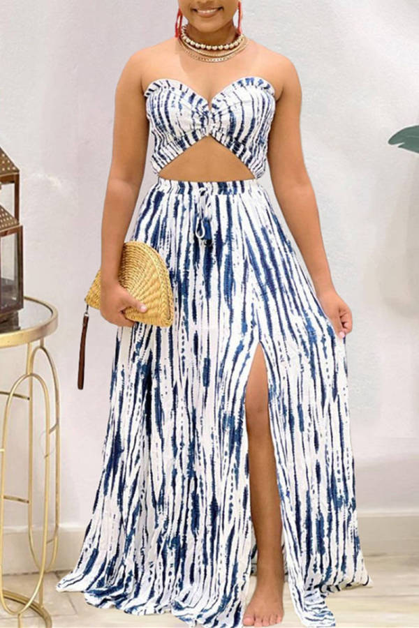 Navy Blue Gradient Print Sleeveless Backless Crop Top and Maxi Skirt Daily Vacation High Slit Two Piece Skirt Set