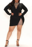 Black Fashion Casual Patchwork Backless Half A Turtleneck Long Sleeve Plus Size Dresses