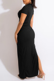 Black Casual Solid Patchwork Draw String Slit O Neck Straight Dresses