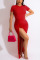 Red Casual Solid Split Joint Draw String Slit O Neck Straight Dresses