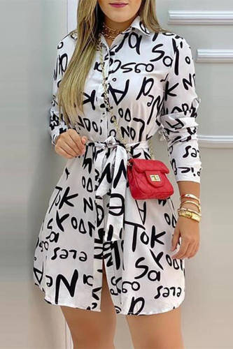 White Fashion Casual Print With Belt Turndown Collar Shirt Dress