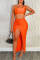 Orange Fashion Sexy Solid Slit One Shoulder Sleeveless Two Pieces