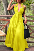Yellow Sexy Solid Split Joint Fold Halter A Line Dresses