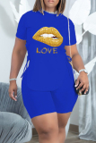 White Fashion Casual Letter Lips Printed Bandage Slit O Neck Short Sleeve Two Pieces