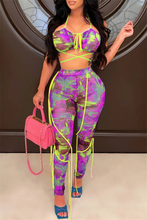 Purple Fashion Sexy Print Bandage Backless Halter Sleeveless Two Pieces
