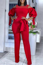 Red Fashion Casual Solid Bandage Hollowed Out Split Joint O Neck Regular Jumpsuits