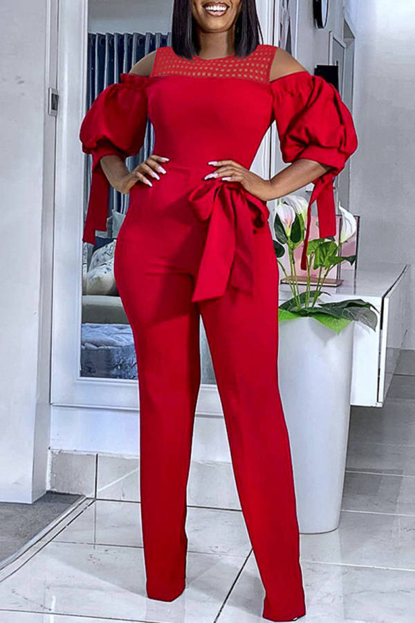 Red Fashion Casual Solid Bandage Hollowed Out Patchwork O Neck Regular Jumpsuits