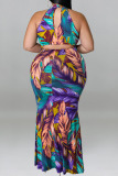 Purple Sexy Print Hollowed Out Patchwork O Neck One Step Skirt Plus Size Dresses