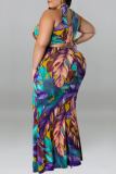 Orange Yellow Sexy Print Hollowed Out Patchwork O Neck One Step Skirt Plus Size Dresses