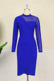 Blue Fashion Casual Solid Patchwork See-through Half A Turtleneck Long Sleeve Dresses