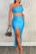 Blue Fashion Sexy Solid Slit One Shoulder Sleeveless Two Pieces