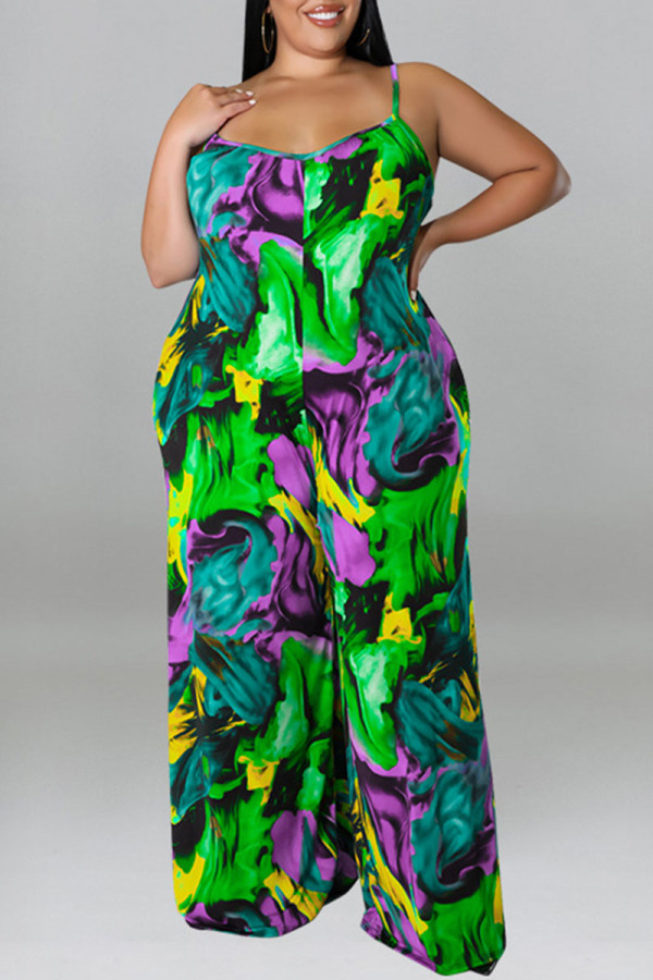 Green Sexy Casual Print Patchwork Spaghetti Strap Plus Size Jumpsuits