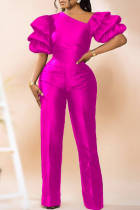 Rose Red Fashion Casual Solid Patchwork Oblique Collar Regular Jumpsuits