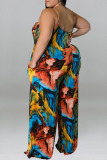 Blue Sexy Casual Print Patchwork Spaghetti Strap Plus Size Jumpsuits