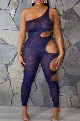 Dark Blue Fashion Sexy Solid Hollowed Out See-through Backless One Shoulder Skinny Jumpsuits
