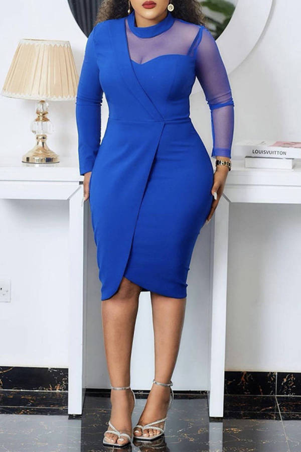 Blue Fashion Casual Solid Patchwork See-through Half A Turtleneck Long Sleeve Dresses