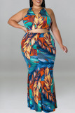 Blue Sexy Print Hollowed Out Patchwork O Neck One Step Skirt Plus Size Dresses