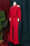 Red Fashion Casual Solid Bandage Hollowed Out Patchwork O Neck Regular Jumpsuits