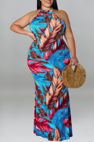 Blue Sexy Print Hollowed Out Patchwork O Neck One Step Skirt Plus Size Dresses