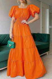 Tangerine Red Casual Solid Patchwork Square Collar Cake Skirt Dresses